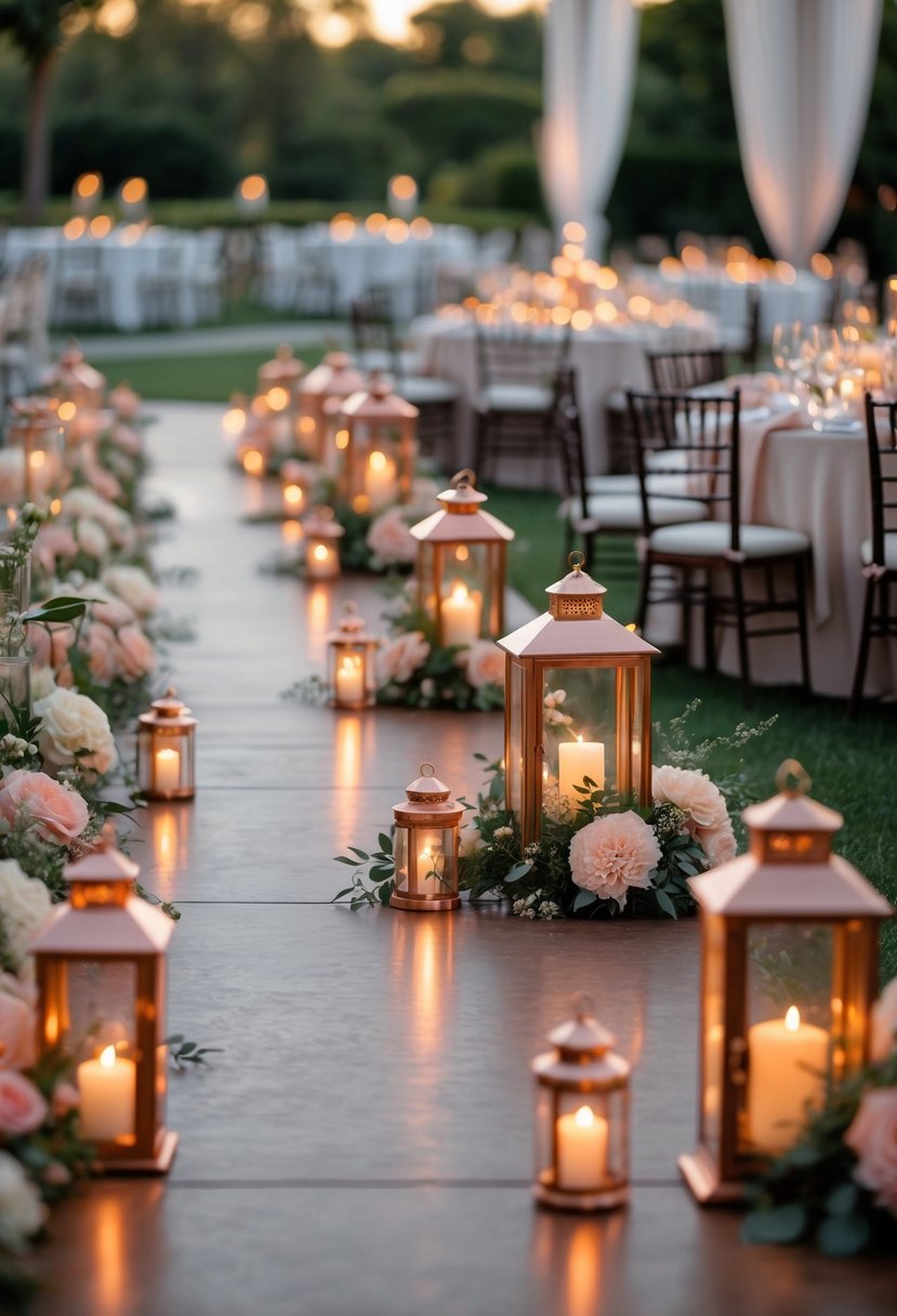 A wedding aisle decorated with glowing copper lanterns and floral arrangements, leading to a reception area with tables set for guests.