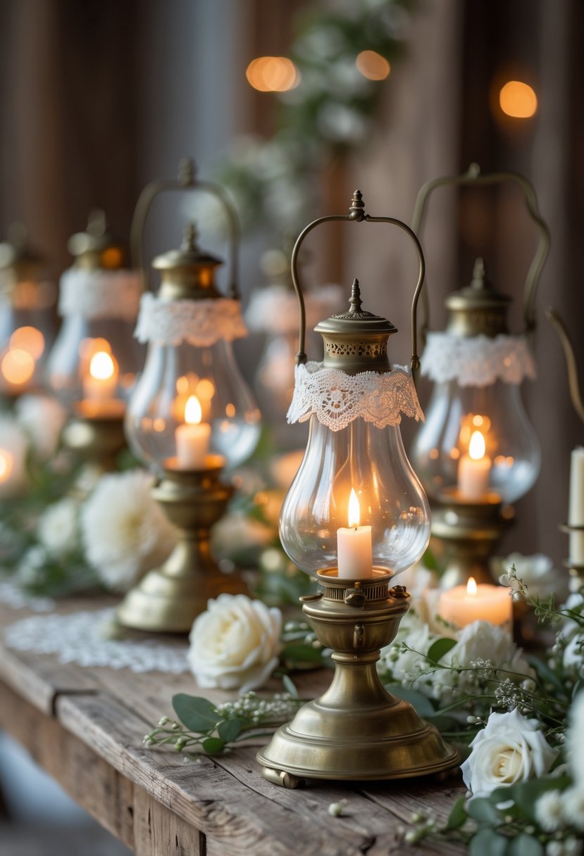 A group of vintage brass oil lamps with lace decorations arranged on a wooden table, softly lit with warm candlelight and surrounded by white flowers and greenery.