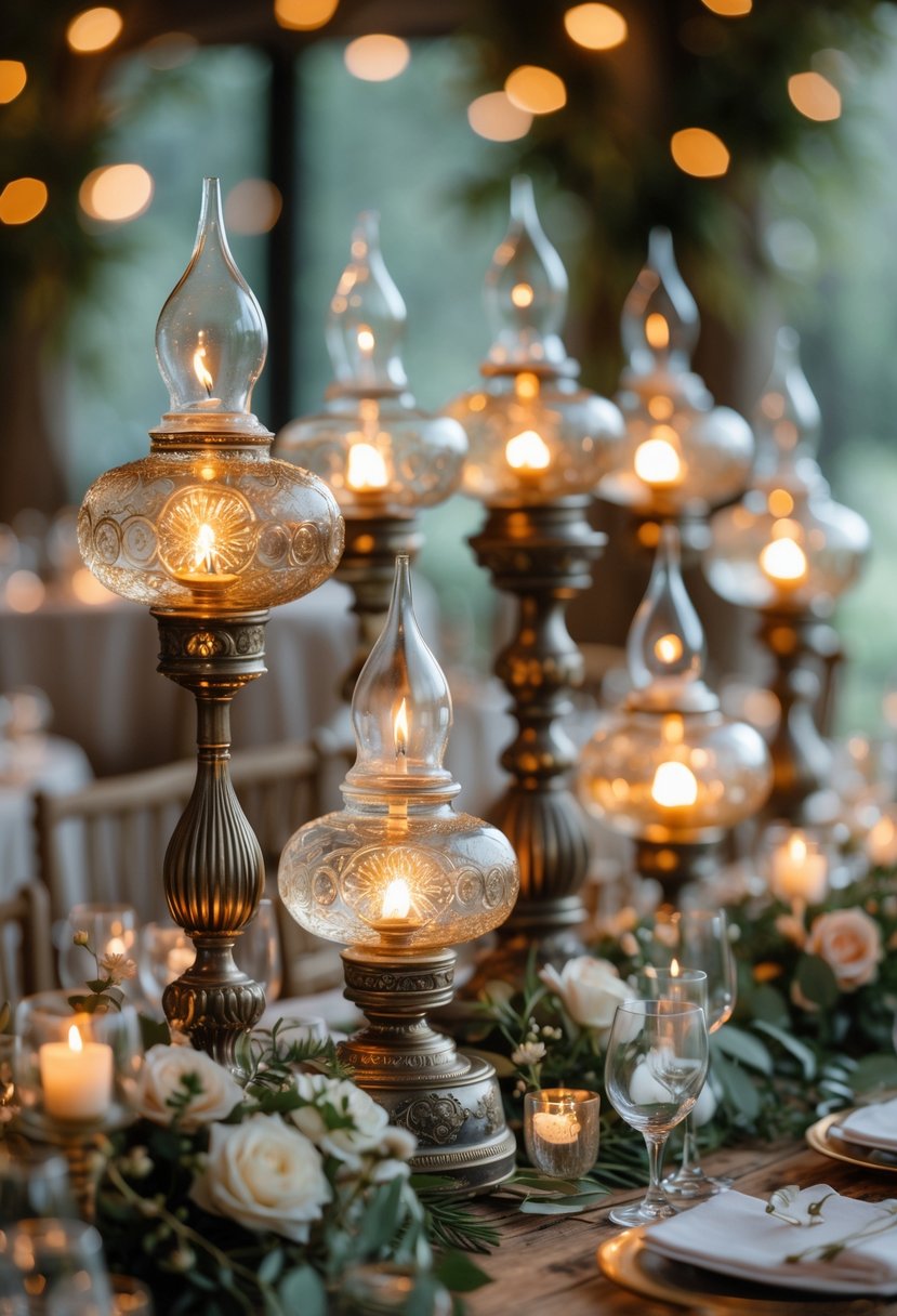 Clustered oil lamps glowing warmly as a centerpiece on a decorated wooden table.