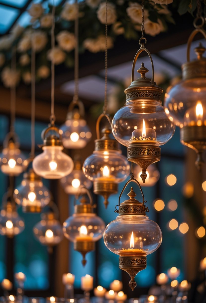A group of hanging oil lamps with flickering flames creating a warm glow in a wedding venue.
