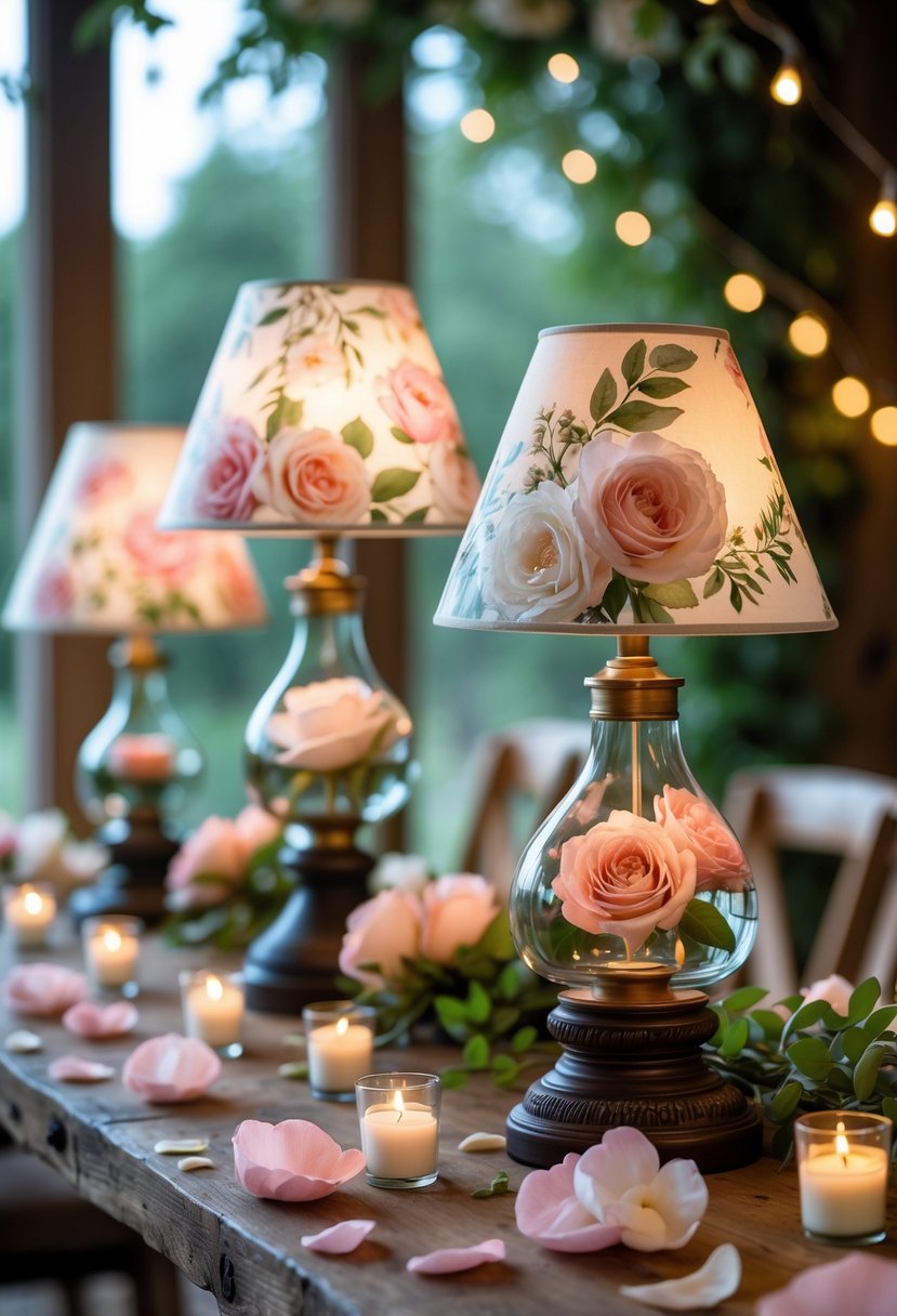 A collection of oil lamps with floral shades arranged on a wooden table, surrounded by rose petals and soft candlelight.