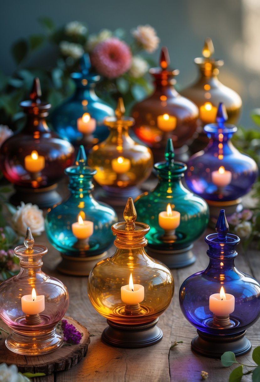 Fifteen colorful glass oil lamps glowing softly on a wooden surface surrounded by flowers and greenery.