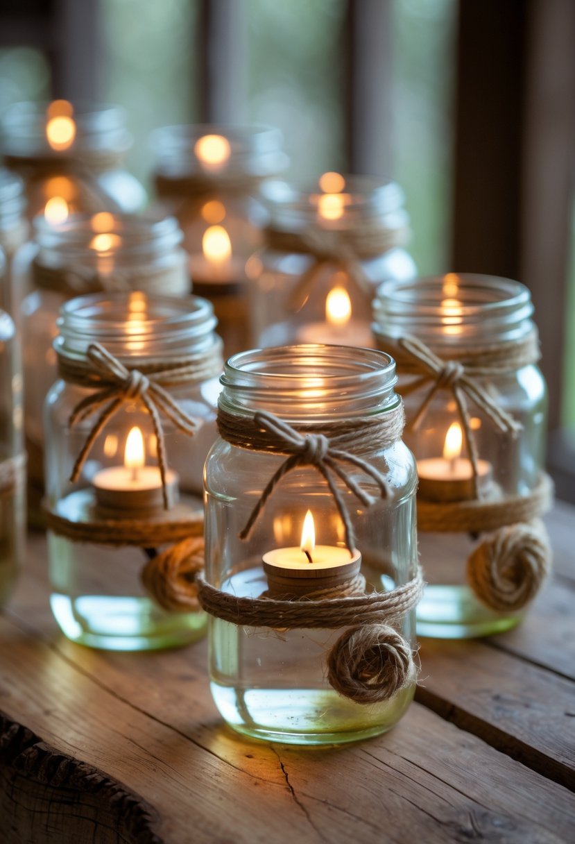 A group of mason jar oil lamps wrapped with twine, glowing softly on a wooden surface.