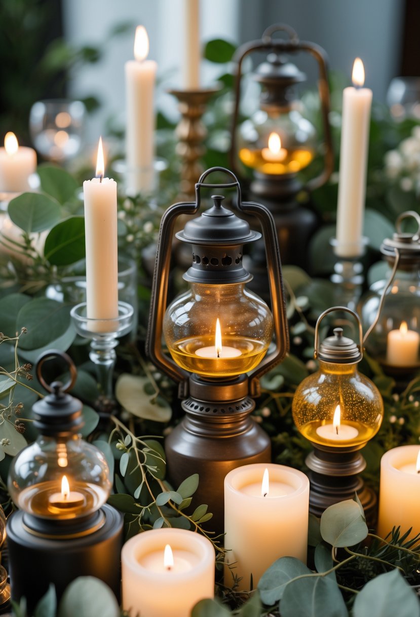A collection of lit oil lamps and candles surrounded by green leaves arranged on a table.