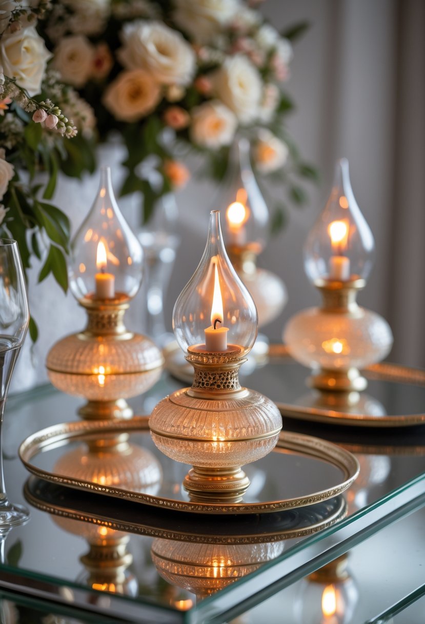 Multiple oil lamps glowing softly on mirrored trays arranged for a wedding decoration.