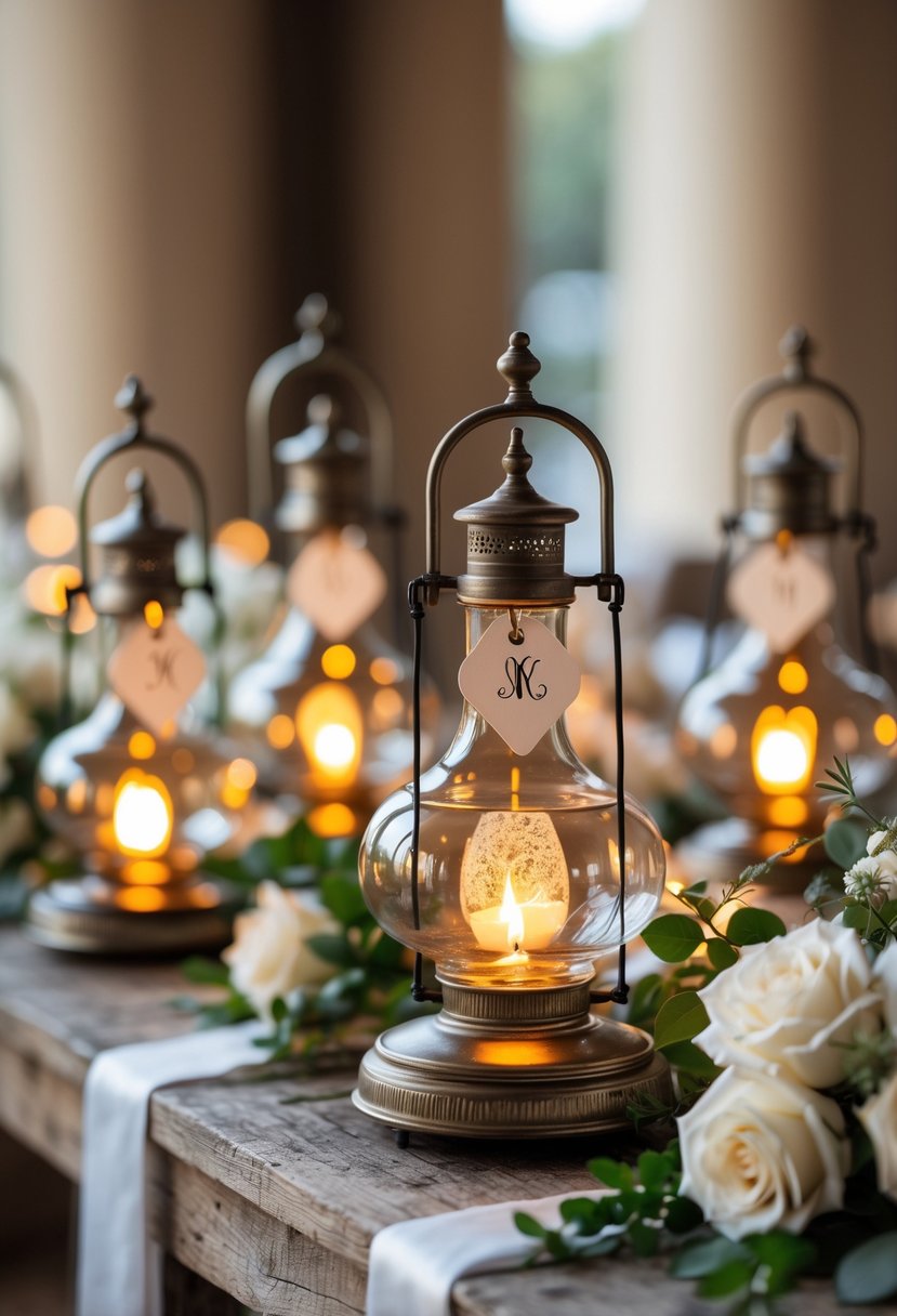Several oil lamps with hanging monogrammed tags glowing softly on a wooden table decorated with flowers.