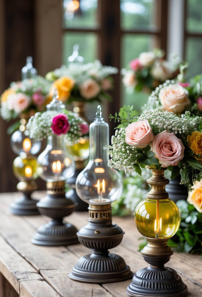 Antique oil lamps decorated with fresh flower rings arranged on a wooden surface.
