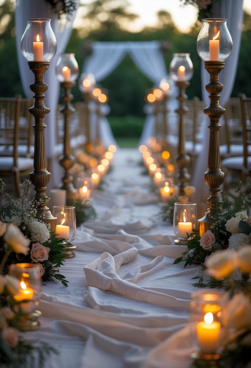 A wedding aisle lined with tall pillar oil lamps glowing with warm light, surrounded by floral decorations.