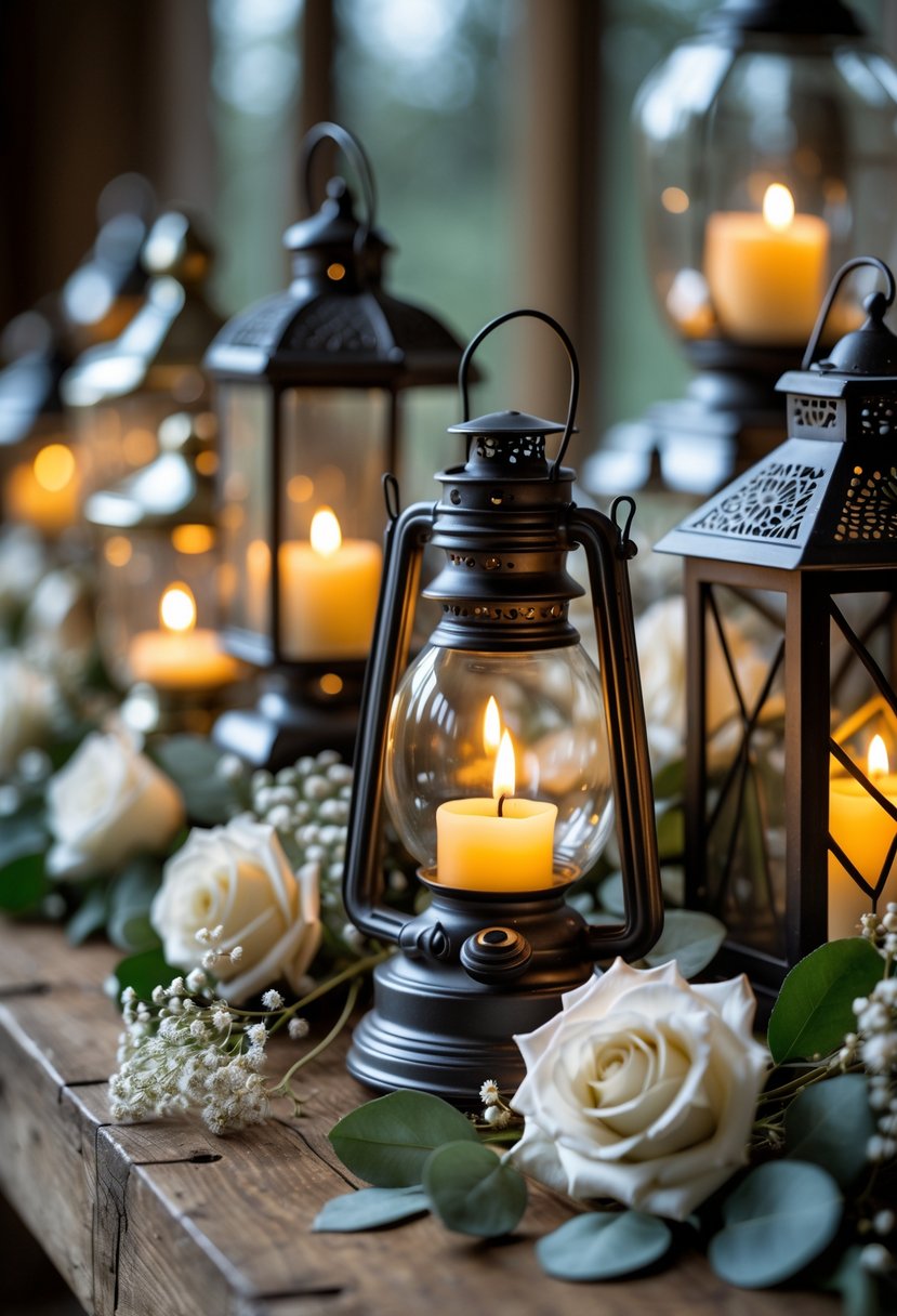 Several oil lamps inside decorative lantern holders glowing softly on a wooden table with flowers.