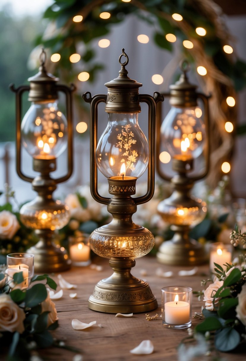 A group of glowing oil lamps surrounded by fairy lights and floral decorations on a wooden surface.