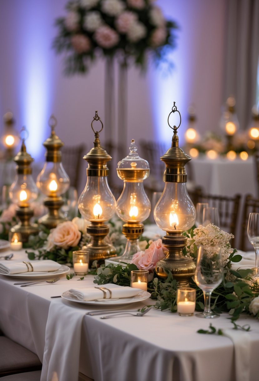 A sweetheart wedding table decorated with floral arrangements and glowing oil lamps.