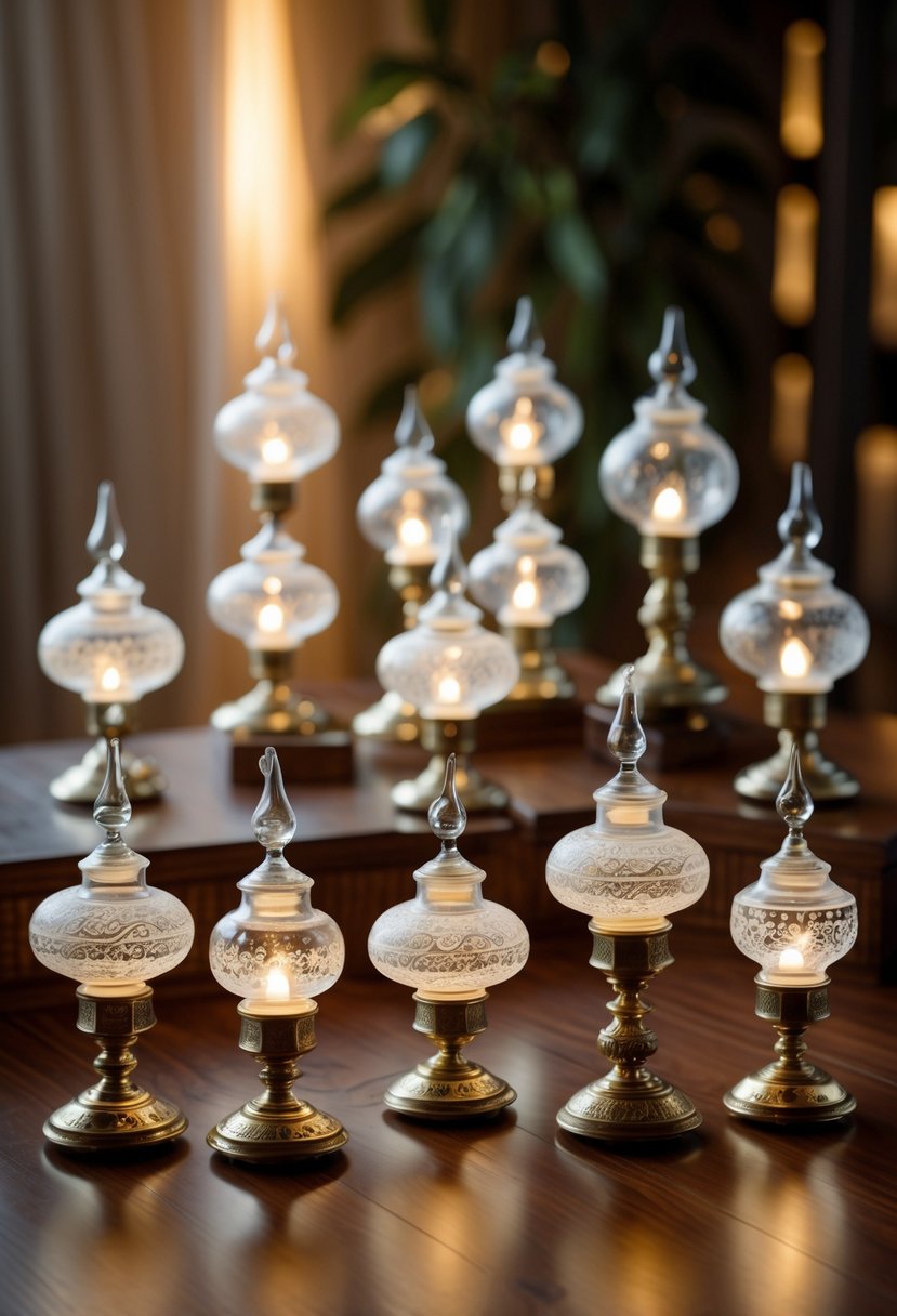 A group of oil lamps with engraved glass designs arranged on a surface, glowing softly.