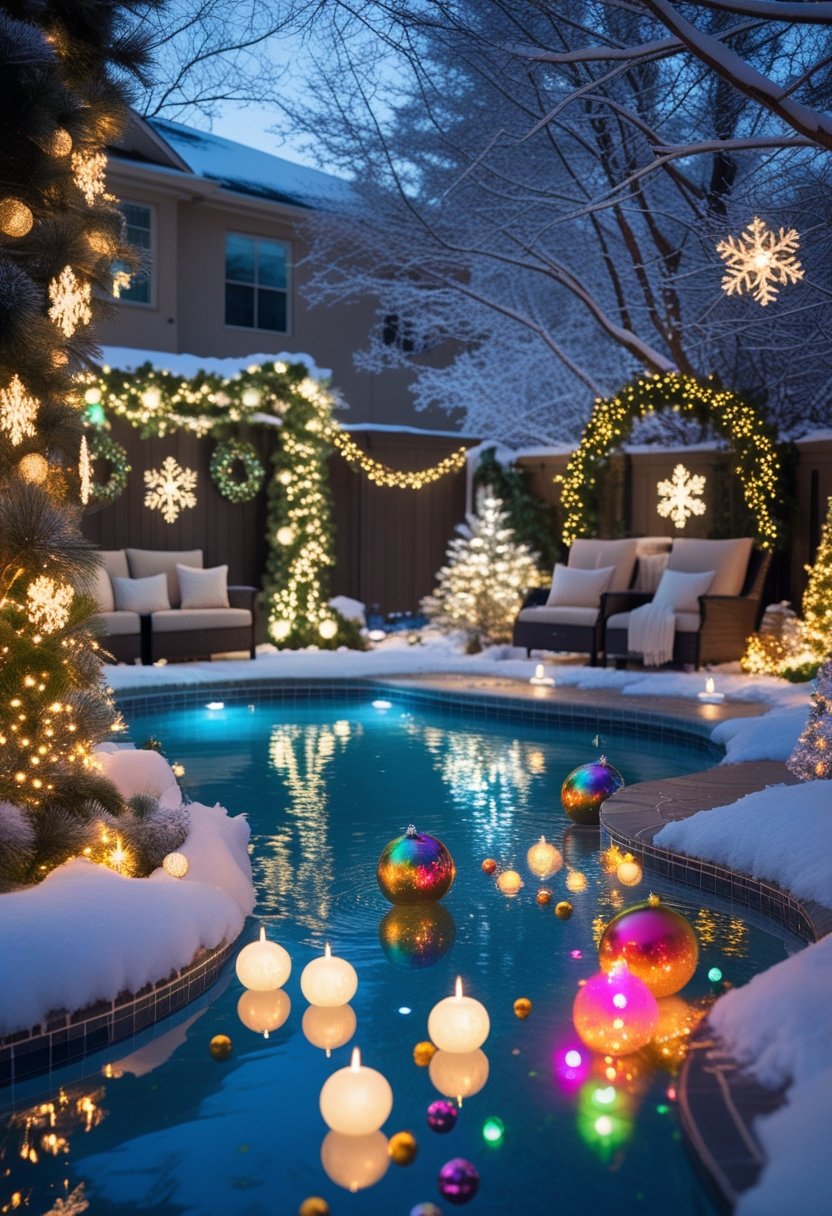 Backyard swimming pool decorated with Christmas lights, ornaments, and snow creating a festive winter scene.