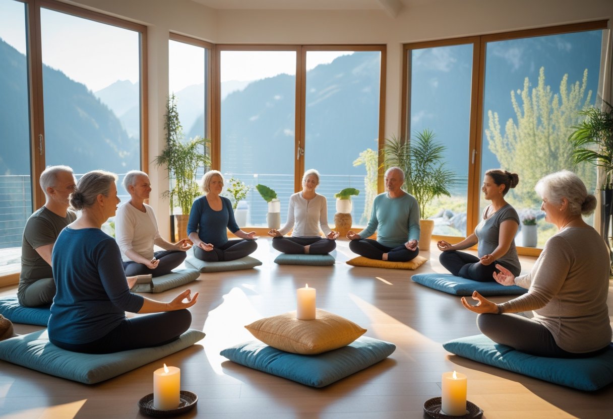 Eine Gruppe von Erwachsenen sitzt in einem hellen Raum im Kreis und nimmt an einem Tantra Workshop teil, mit Blick auf die Schweizer Berge durch große Fenster.