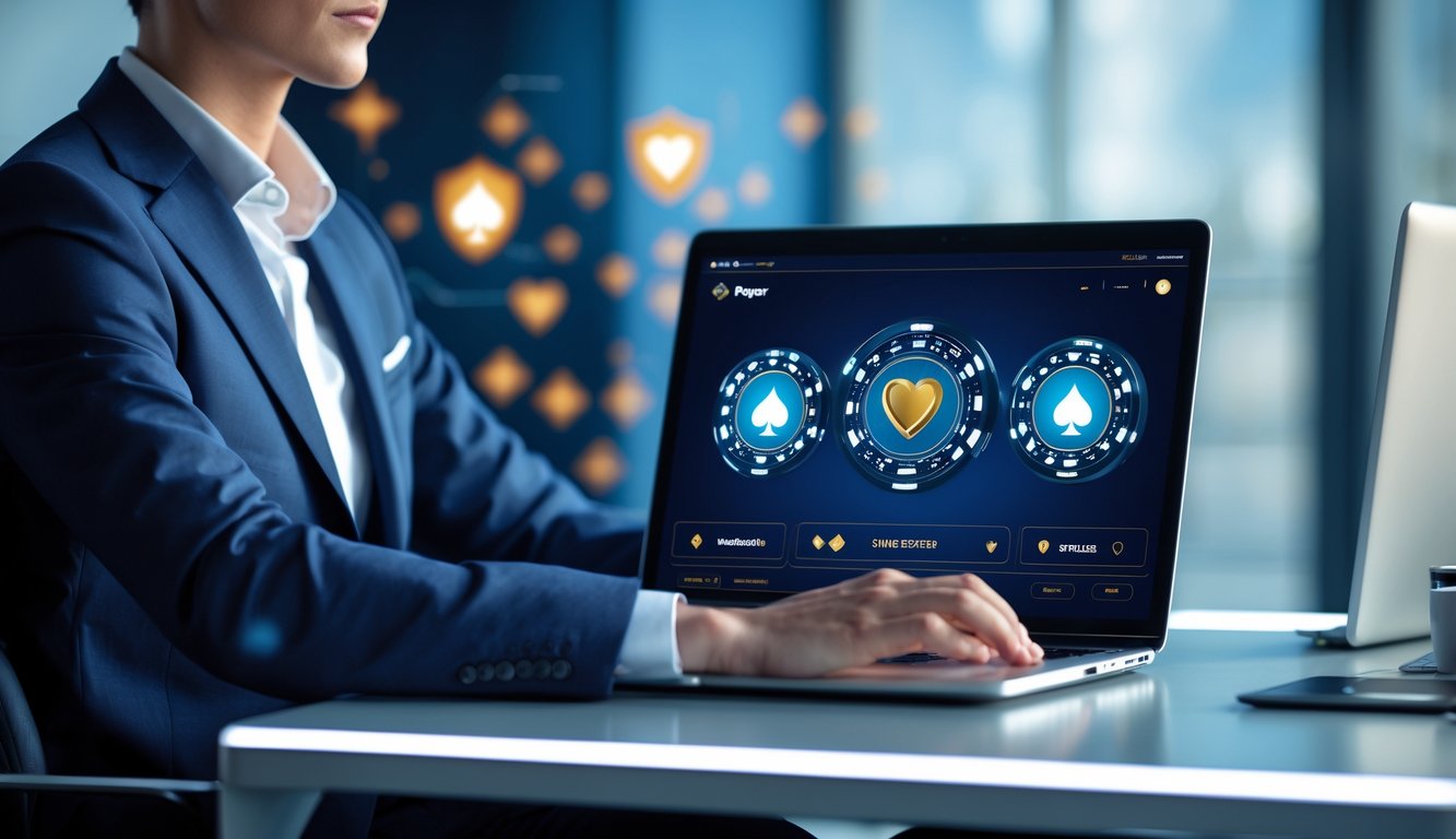 Seseorang duduk di meja dengan laptop yang menampilkan permainan poker online, suasana terlihat aman dan profesional.