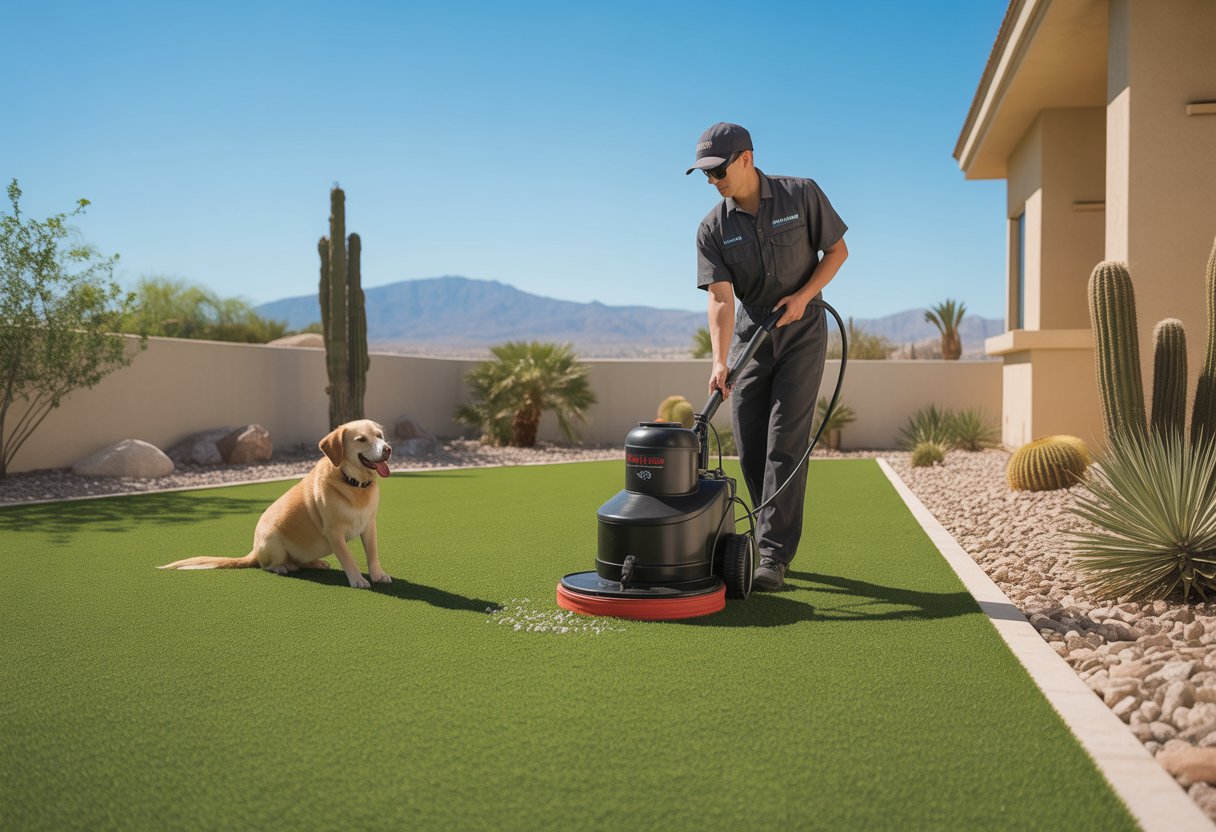 A worker cleaning artificial turf in a sunny backyard with a dog sitting nearby and desert landscaping in the background.