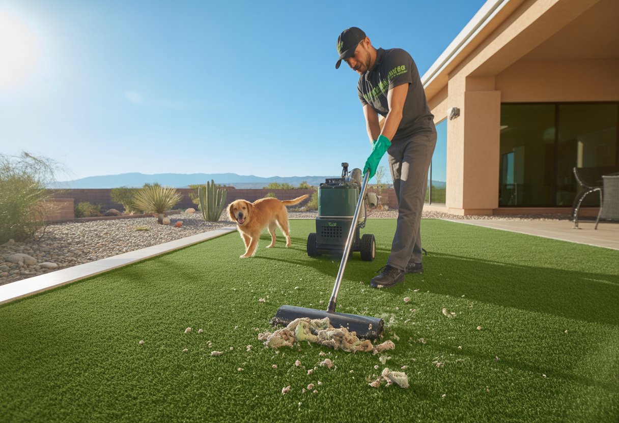 A worker cleaning artificial grass in a backyard while a dog watches nearby with a house and desert plants in the background.