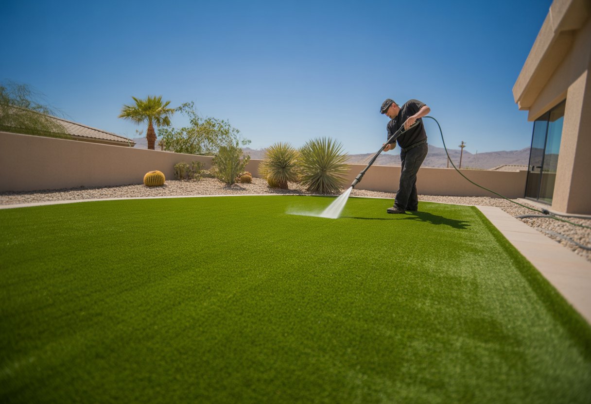 A worker cleaning artificial pet turf in a sunny backyard with desert plants and clear sky in the background.