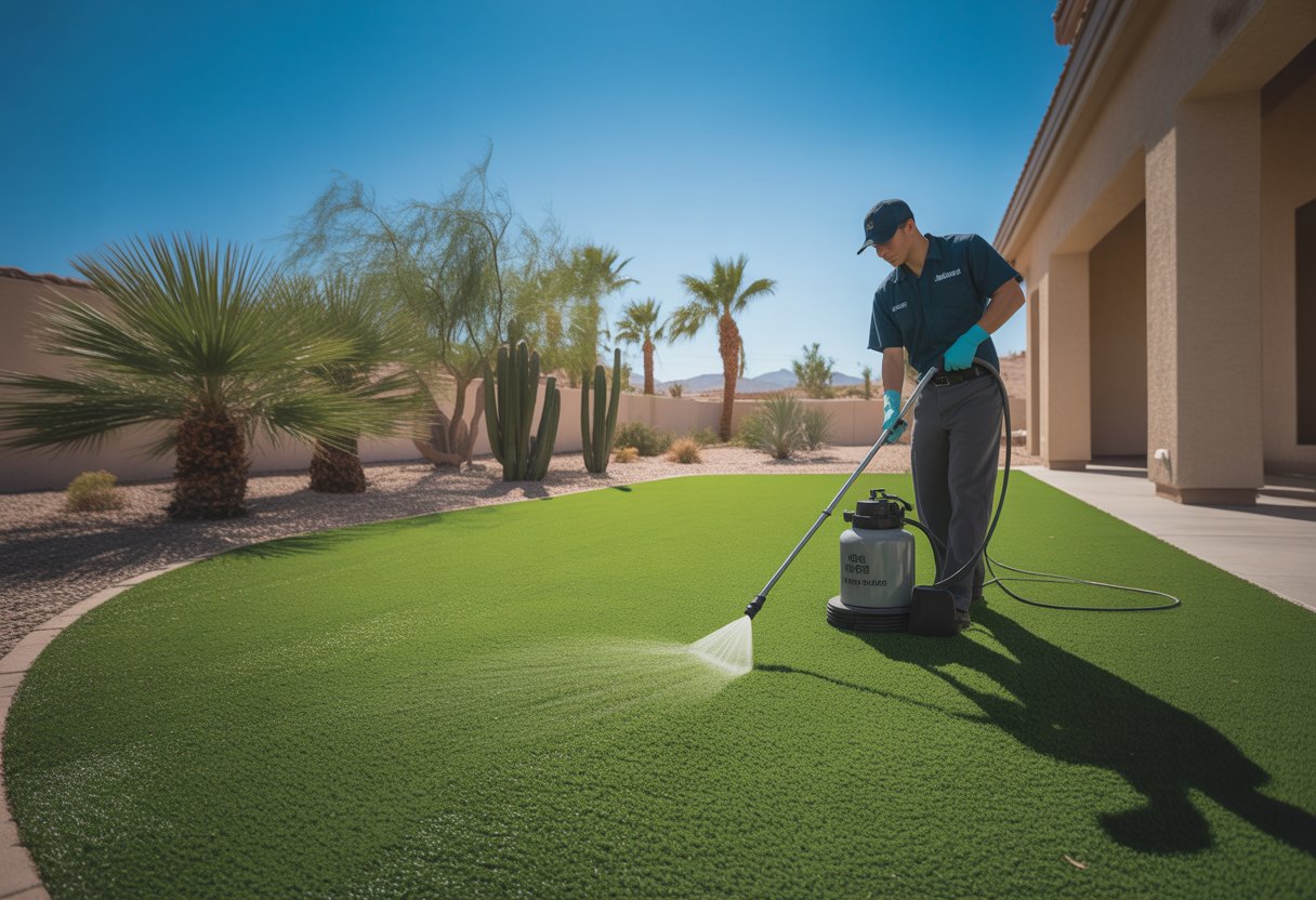 A worker cleaning artificial turf in a sunny backyard with desert plants in the background.