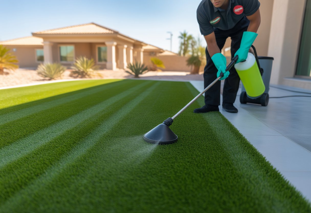 A technician cleaning artificial turf on a lawn in front of a suburban home in Las Vegas using professional equipment.