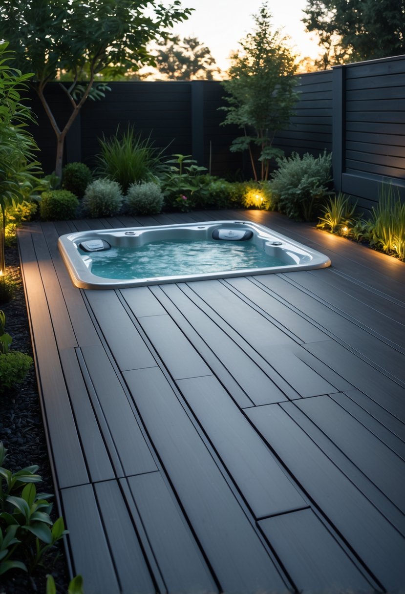 An outdoor garden with a hot tub surrounded by waterproof decking tiles and green plants.