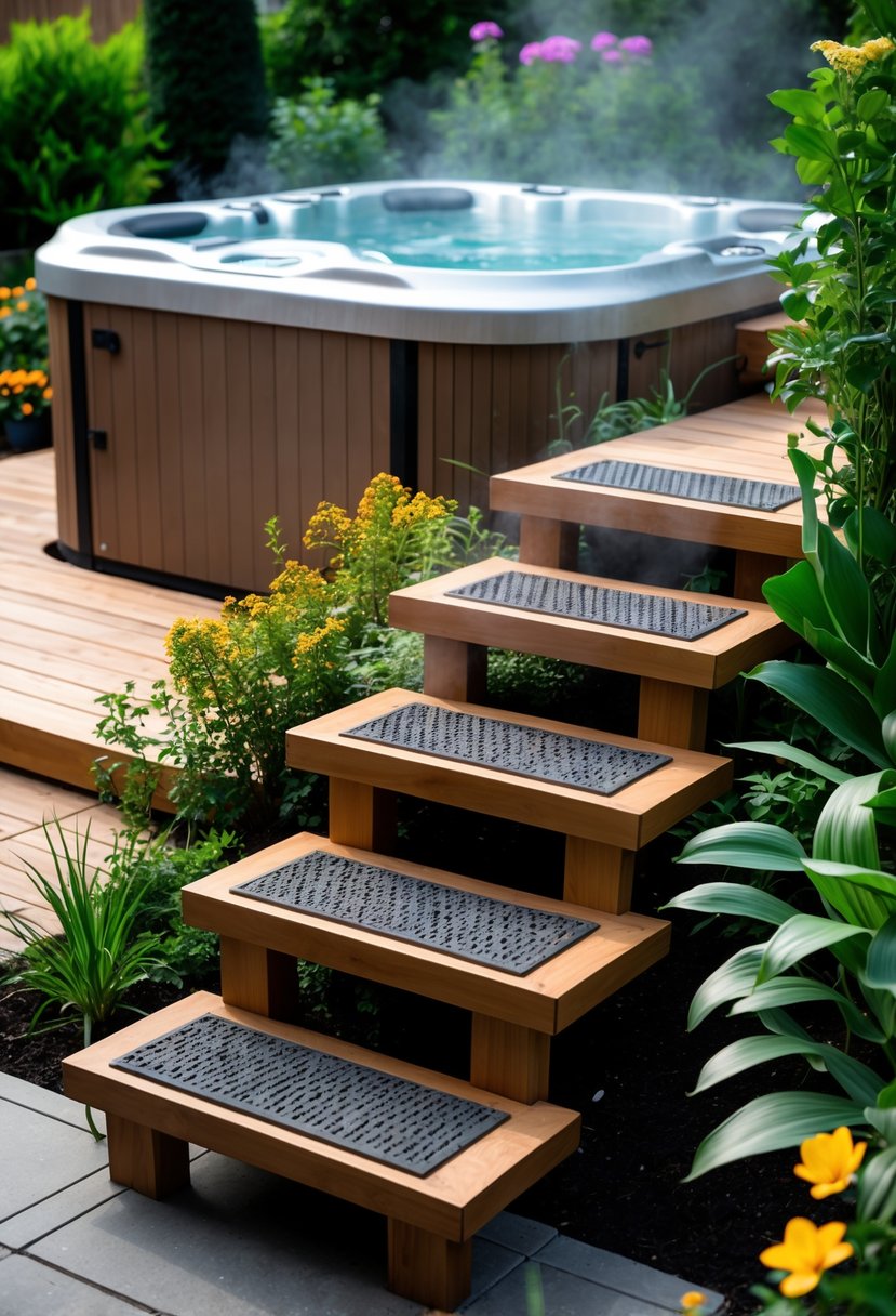 Outdoor hot tub in a garden with wooden non-slip steps surrounded by plants and greenery.