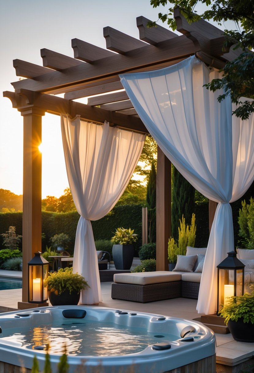A garden with a pergola draped in flowing curtains and a hot tub surrounded by plants and seating.