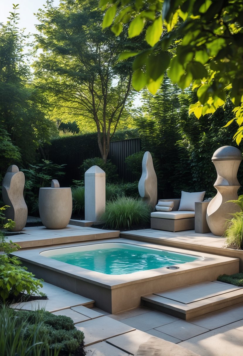 A garden with a modern hot tub surrounded by greenery and outdoor sculptures made of metal, stone, and ceramic.