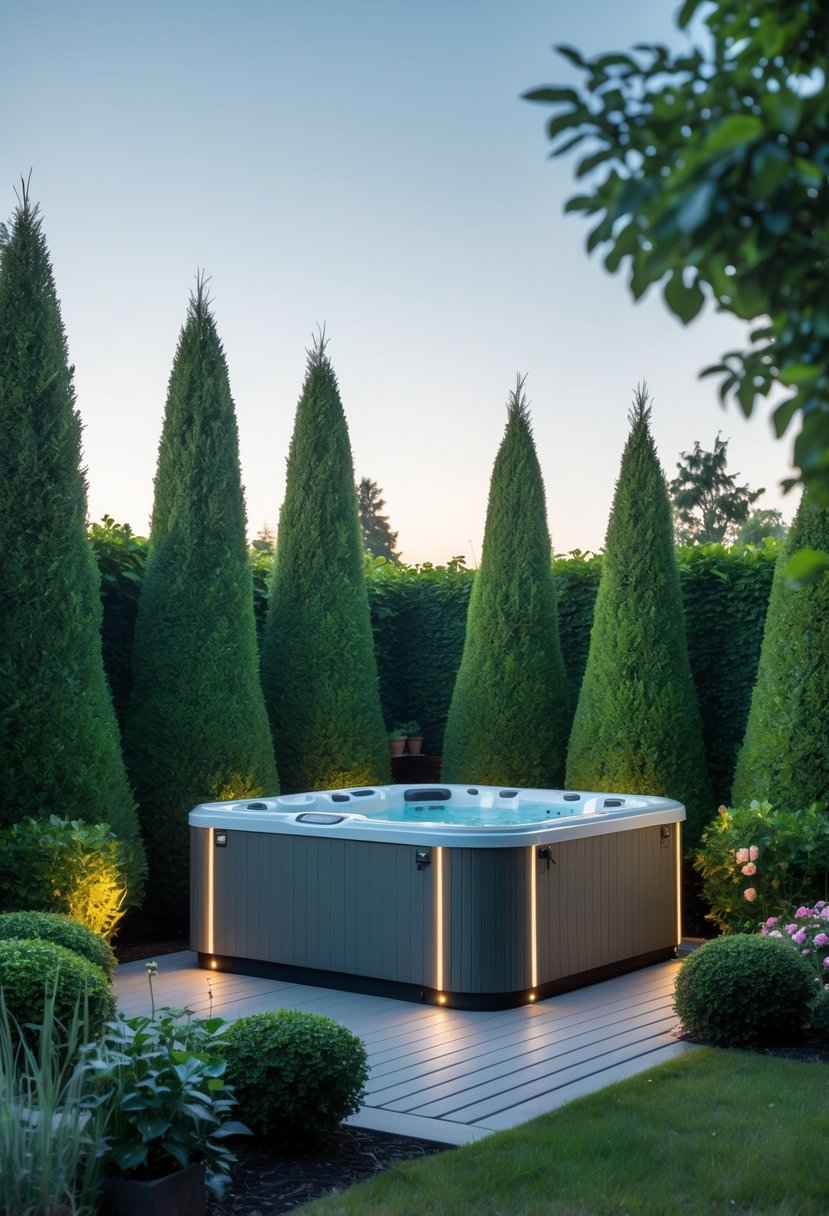 A garden with a modern hot tub surrounded by tall evergreen hedges and plants.