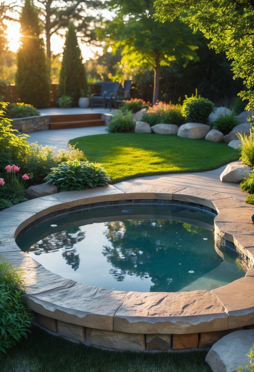 An in-ground hot tub surrounded by lush garden plants and stone edges, with clear water and ambient lighting in an outdoor setting.