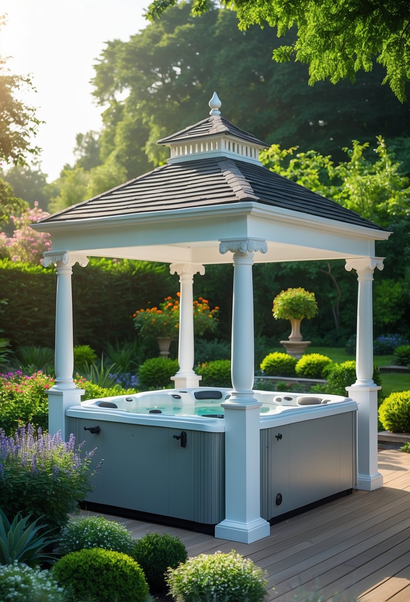 A white gazebo next to a modern hot tub surrounded by plants and greenery in a garden.