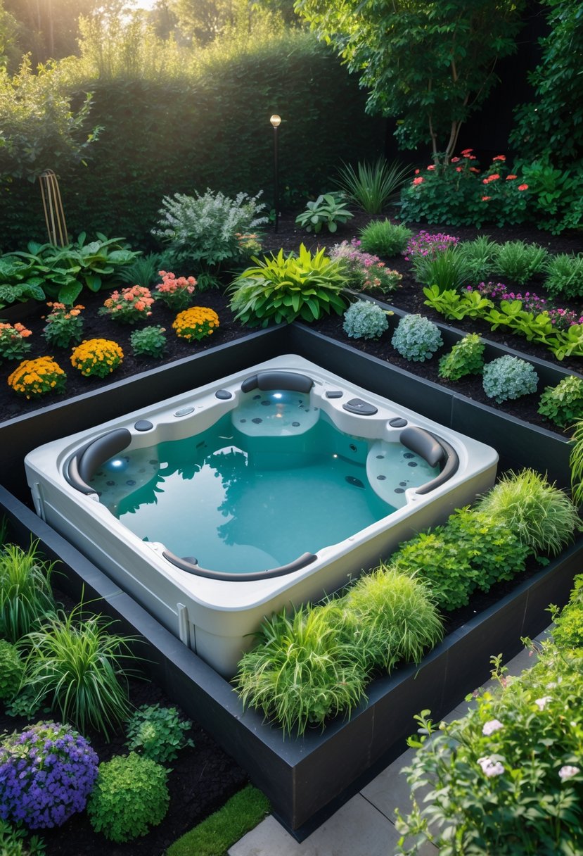 A garden with a modern hot tub surrounded by raised flower beds filled with colorful plants and flowers.