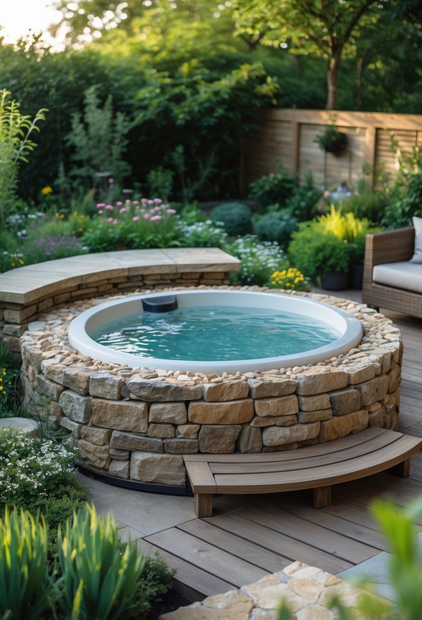 Outdoor garden with a hot tub surrounded by natural stone and plants.