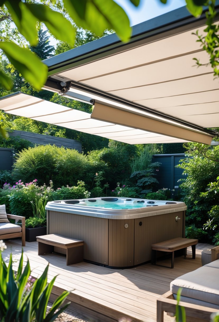 A garden with a hot tub under partially extended retractable awnings surrounded by plants and outdoor furniture.