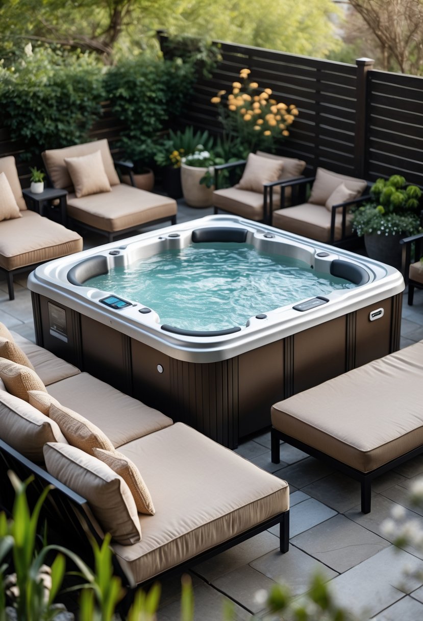 Outdoor garden with a modern hot tub surrounded by cushioned seating and greenery.