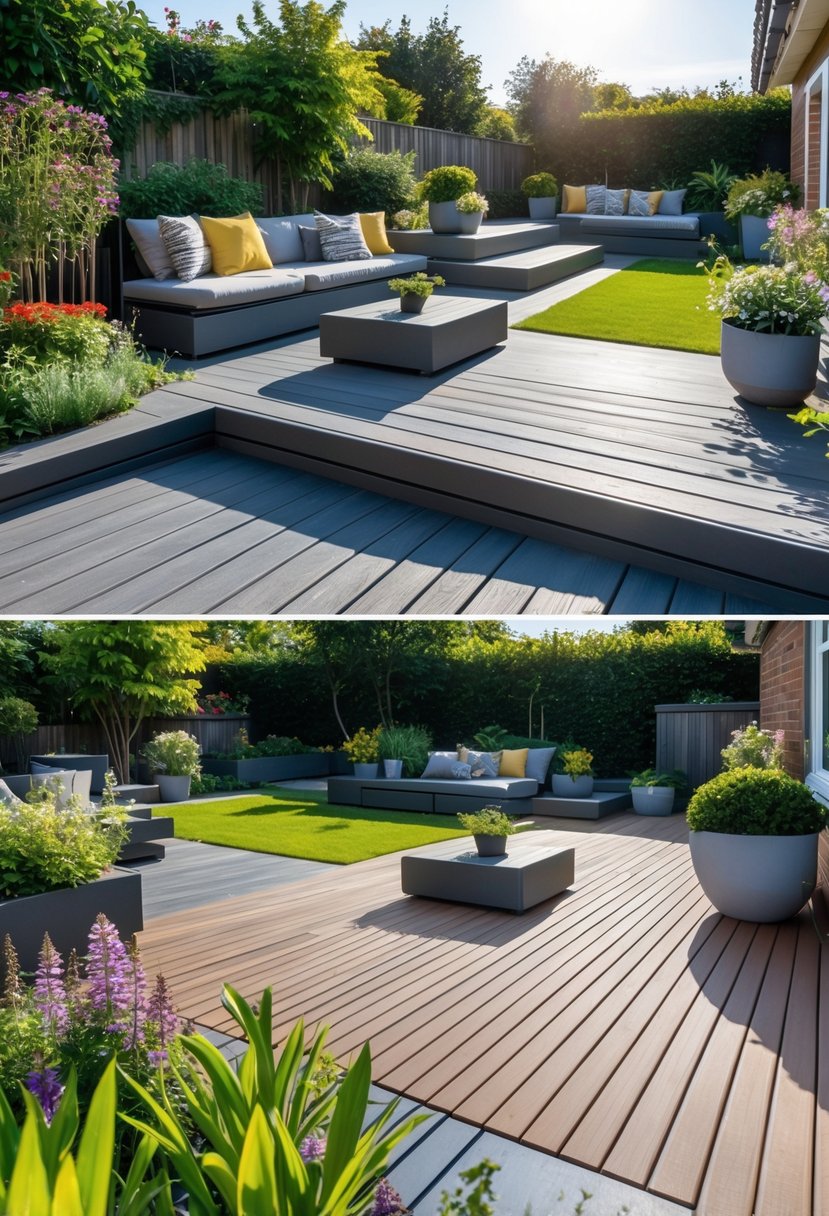 Outdoor garden with several areas of composite decking surrounded by plants and outdoor furniture.