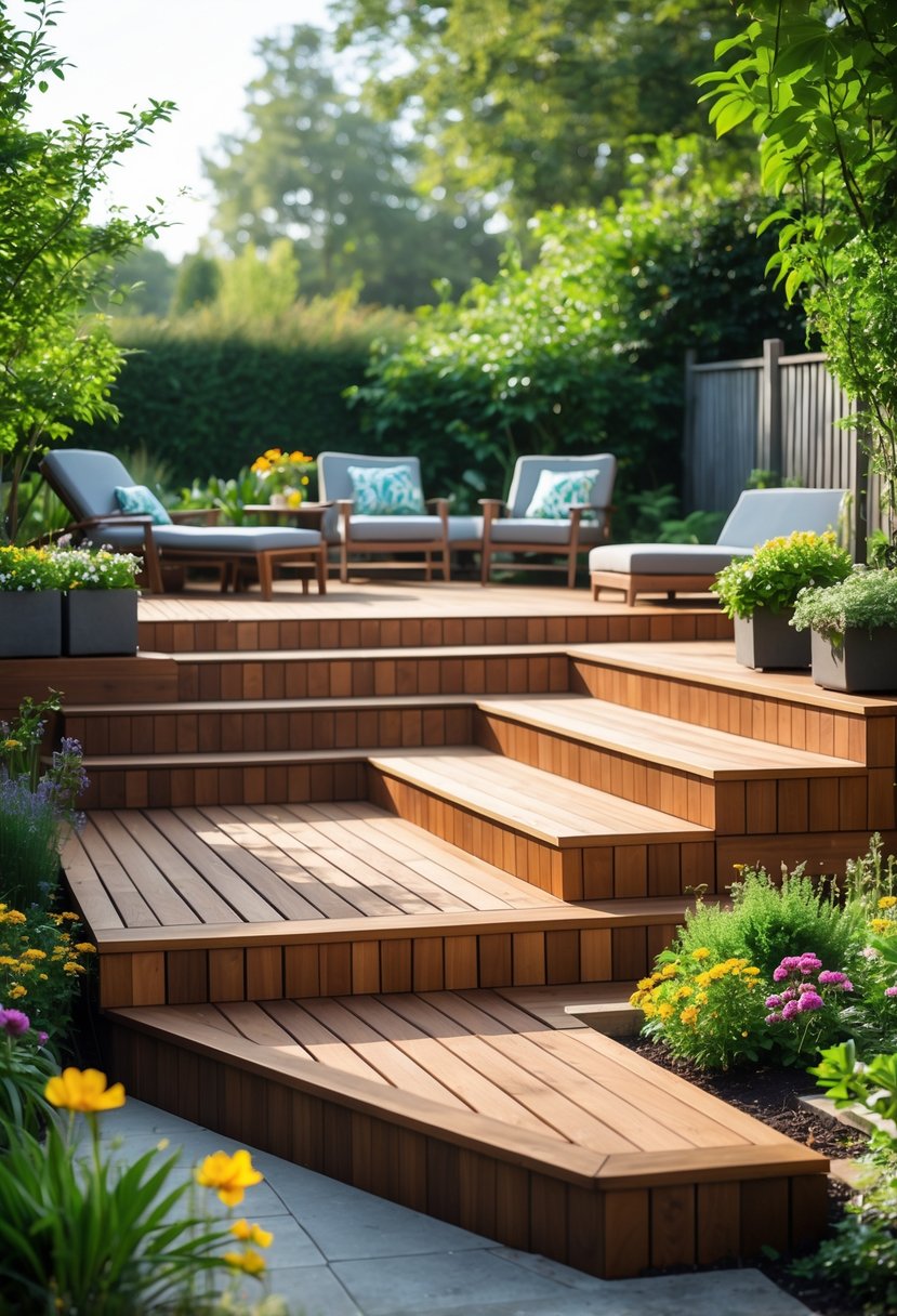 A multi-level wooden garden decking surrounded by plants and outdoor furniture in a lush garden setting.
