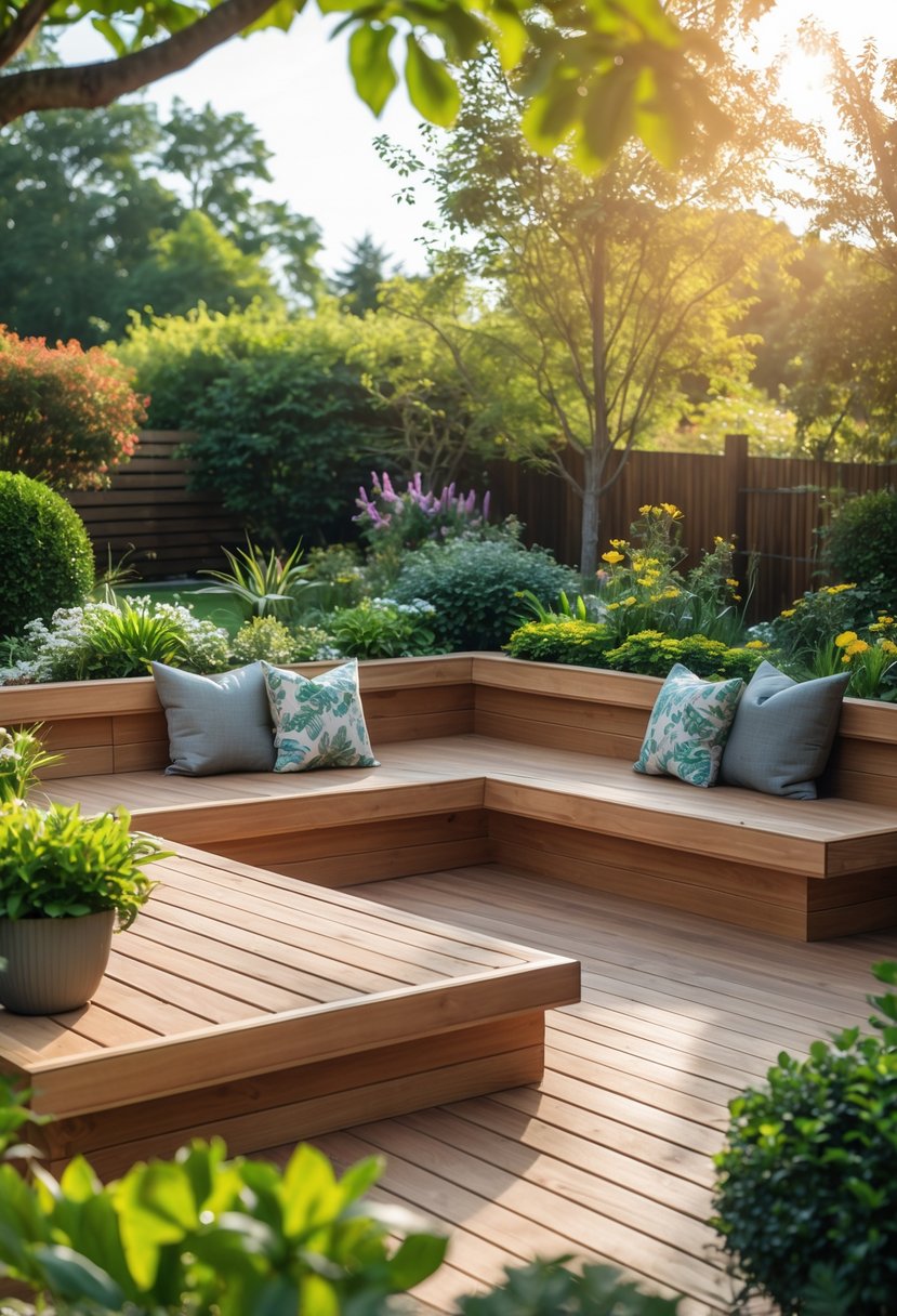 Outdoor wooden deck with built-in seating surrounded by garden plants and flowers.