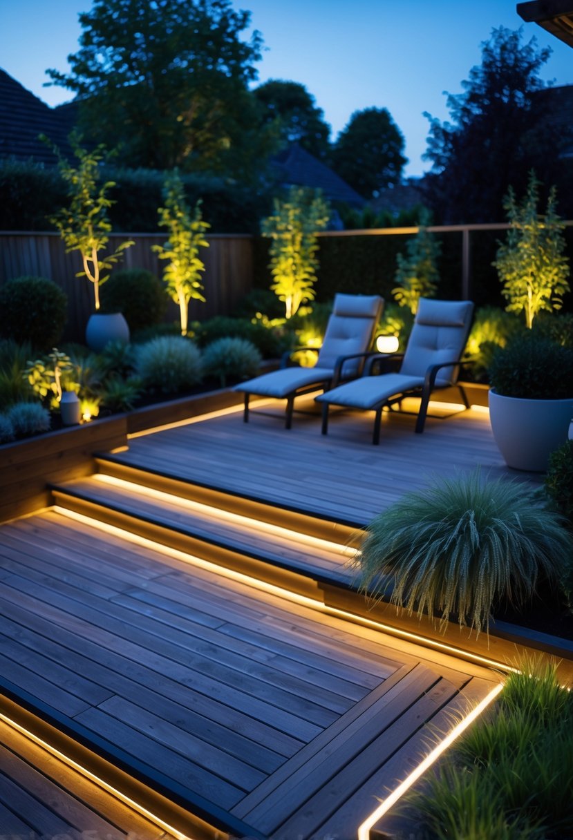 A garden decking area at dusk with LED lights integrated into the floor and railings, surrounded by plants and outdoor furniture.
