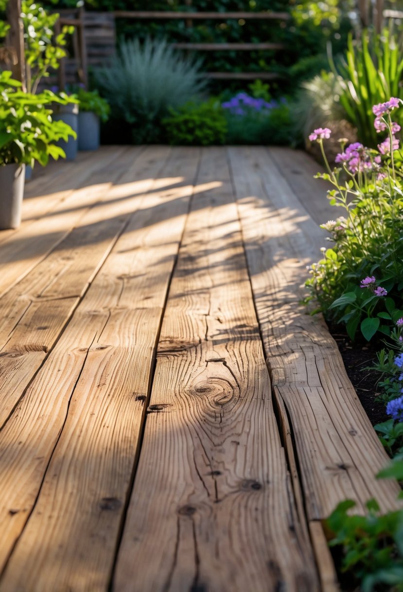 A rustic wood decking area surrounded by green plants and colorful flowers in a garden.