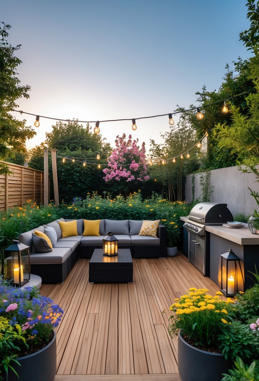 Outdoor garden decking area with comfortable seating, barbecue grill, and surrounding plants under clear daylight.