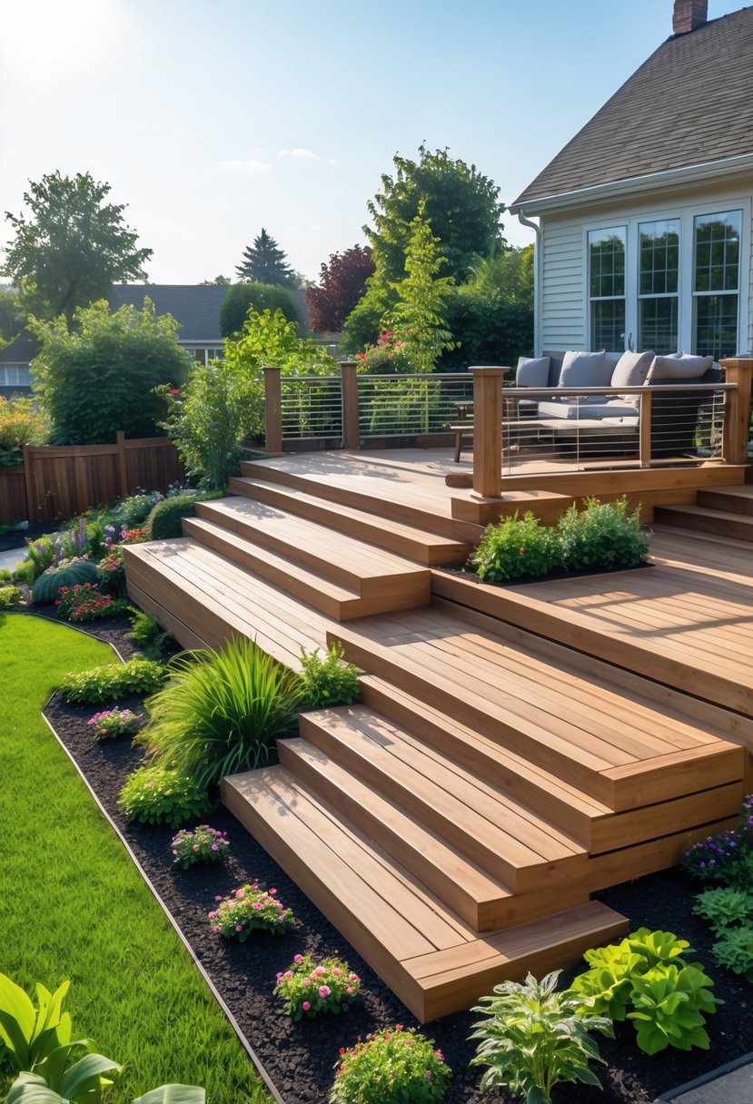 Elevated wooden garden deck built over an uneven garden plot with plants and flowers around it.