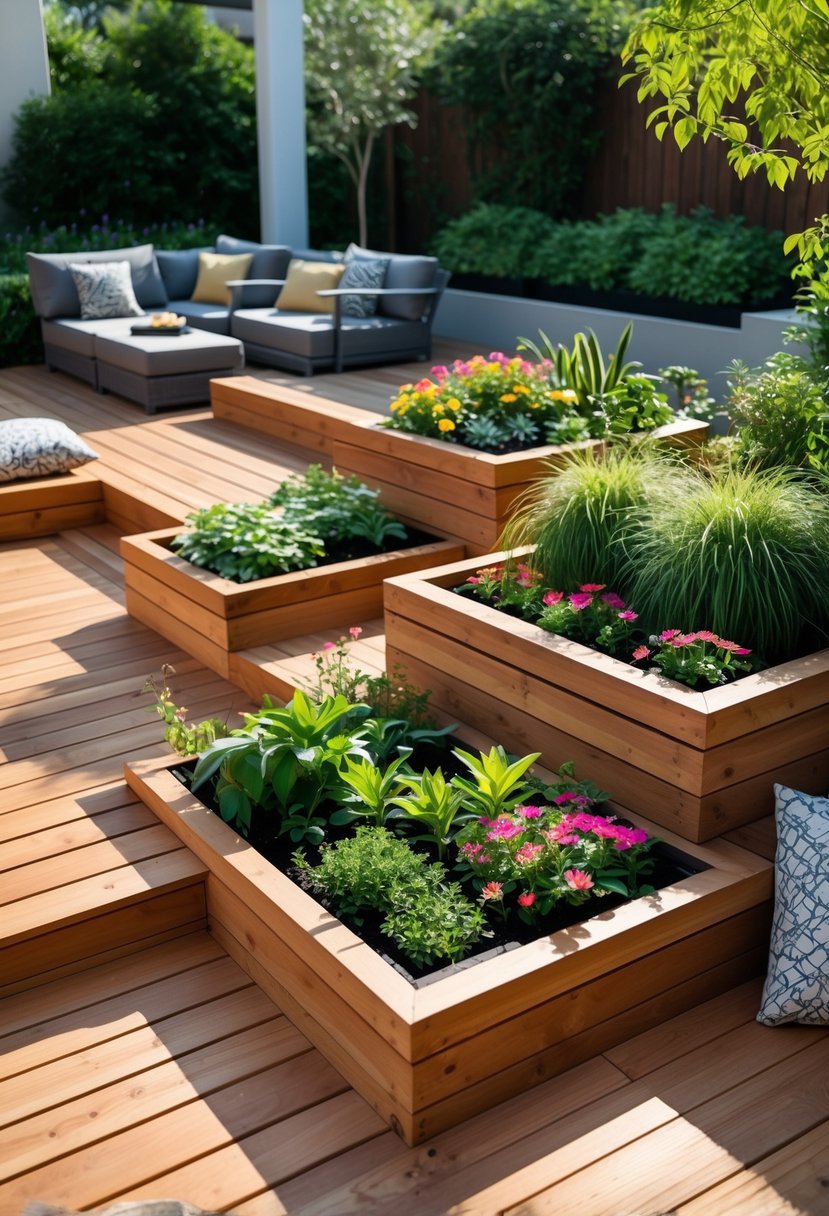 A wooden outdoor deck with built-in planter boxes filled with green plants and flowers, surrounded by garden greenery.