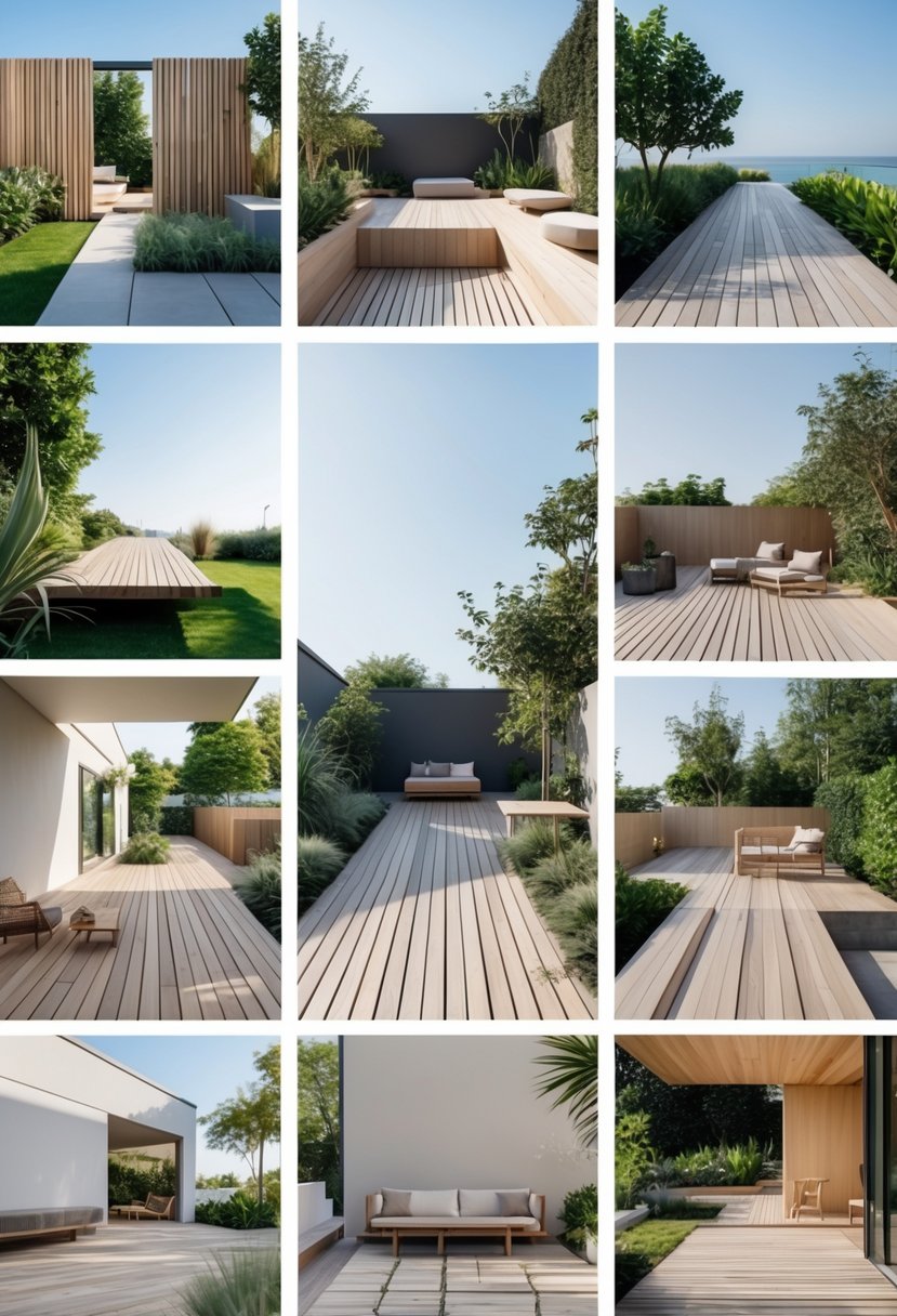 A variety of modern wooden garden decks with clean lines surrounded by green plants and outdoor furniture under a clear sky.