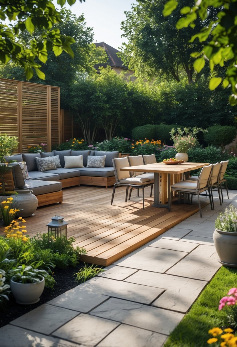 Backyard with a wooden deck connected to a stone patio, furnished with outdoor seating and surrounded by green plants and flowers.