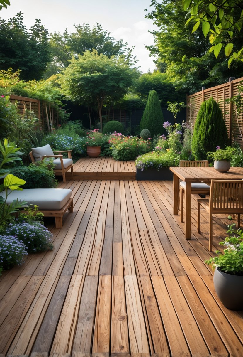 Outdoor garden decking made from recycled wood surrounded by plants and flowers with outdoor furniture.