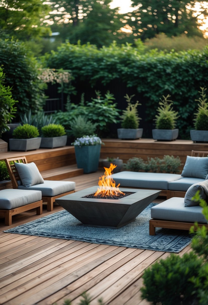 An outdoor wooden deck with a fire pit surrounded by comfortable seating and garden plants.