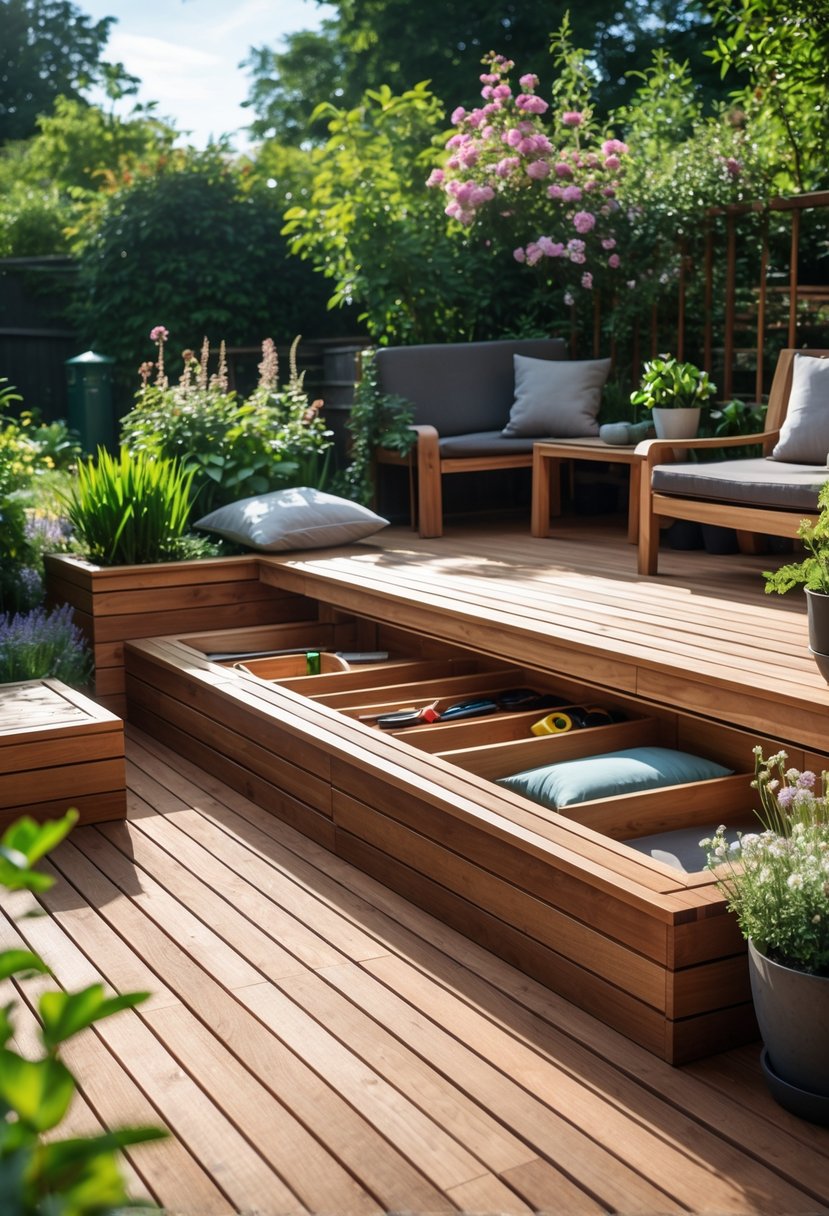 A wooden garden decking area with hidden storage compartments integrated into the floor and benches, surrounded by green plants and outdoor furniture.