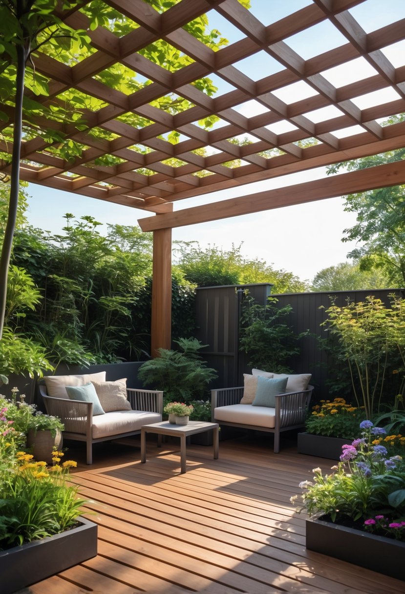 A garden decking area with a wooden pergola, outdoor furniture, and surrounding plants.