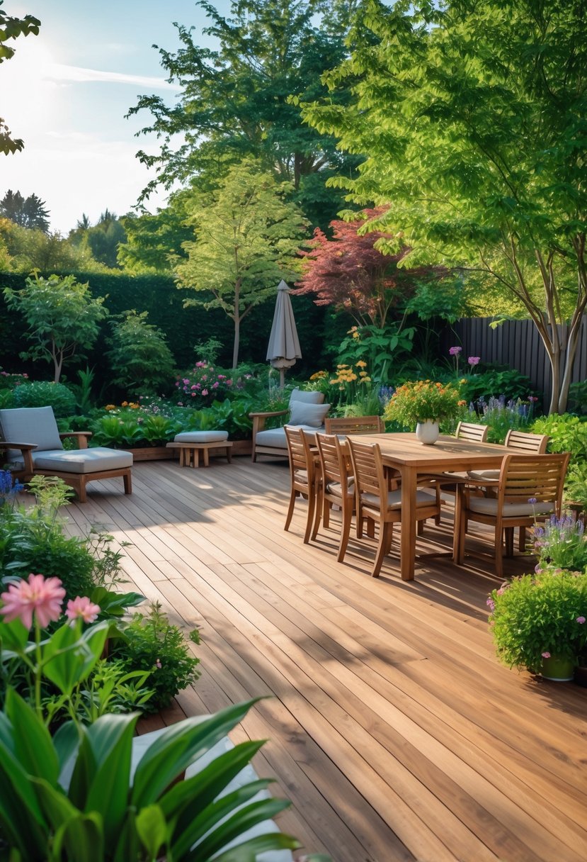 A wooden garden deck surrounded by green plants and outdoor furniture in a peaceful garden setting.